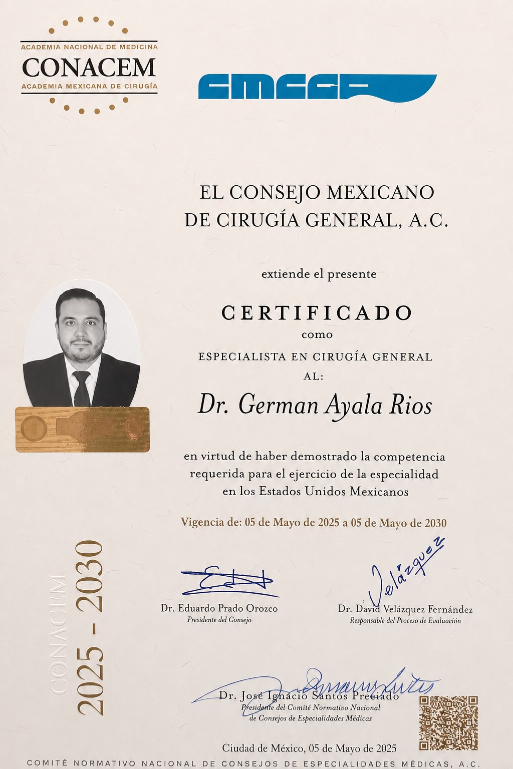 Certificado de especialidad del Dr. Germán Ayala Ríos